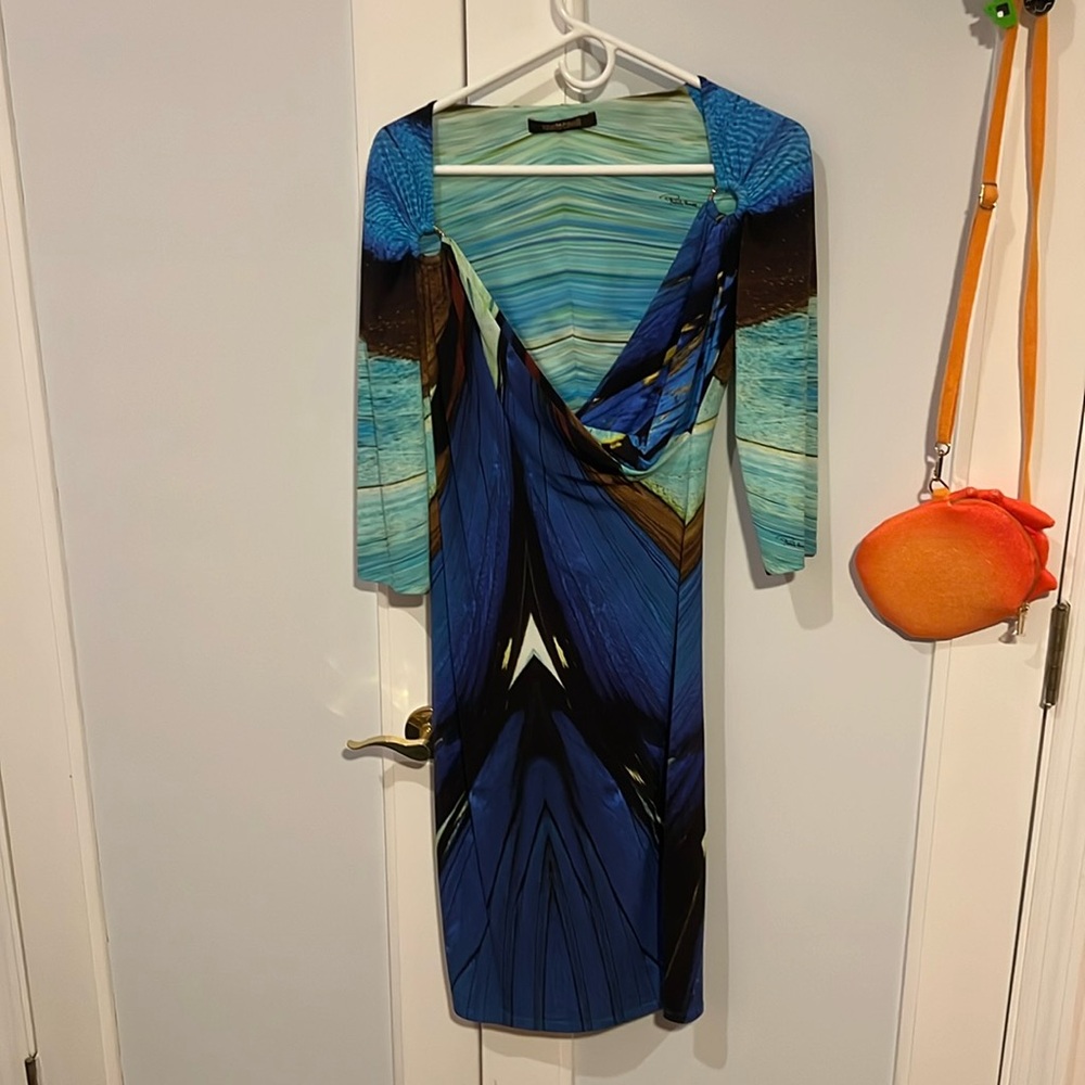 USED Roberto Cavalli Class Dress Blues Size S Long Sleeve Bird Print